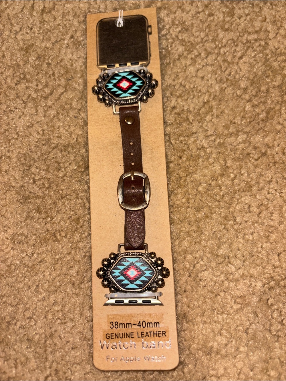 Brown Leather Apple Watch Band with Turquoise Aztec Accent Genuine Leather 38 40